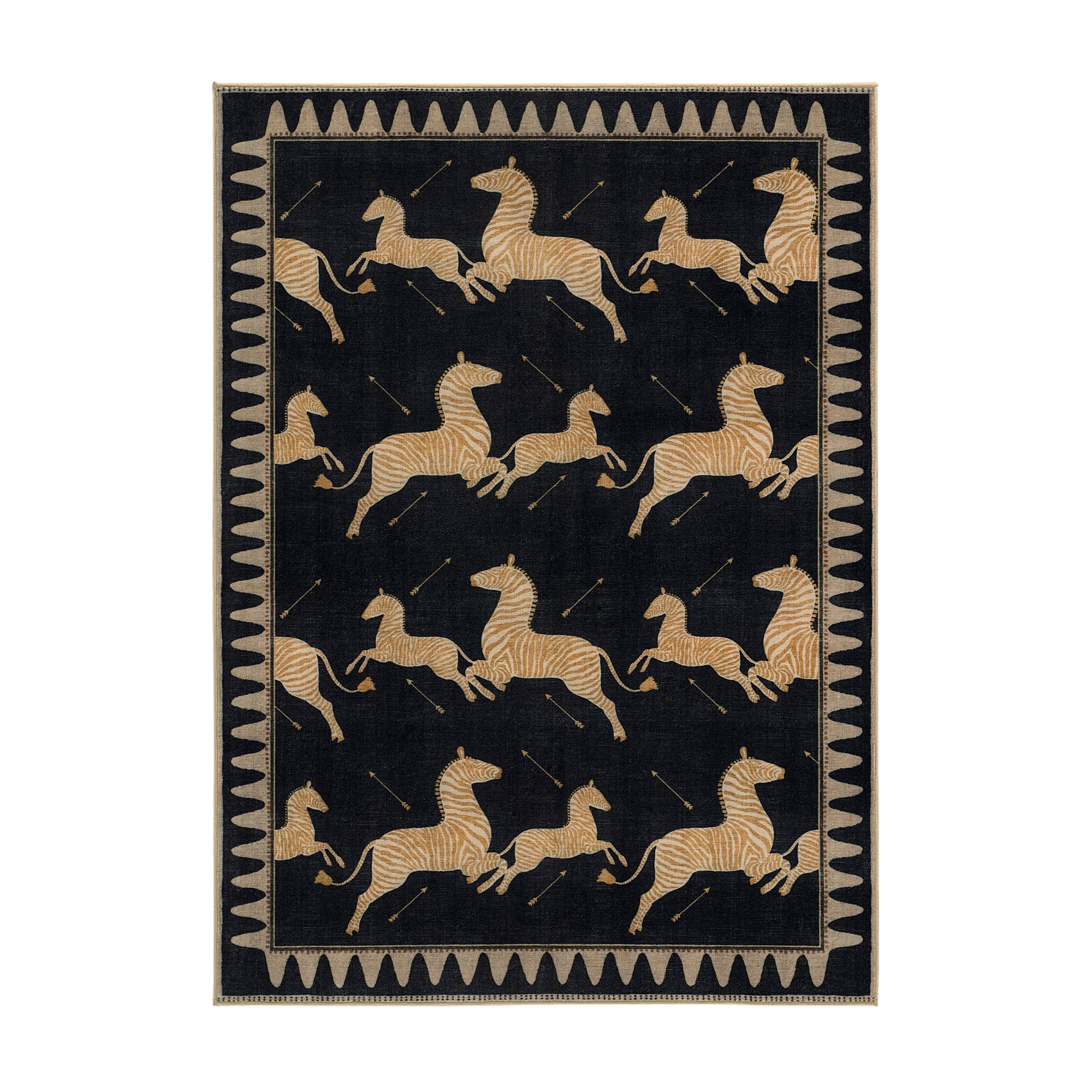 a black and gold rug with leaping zebras