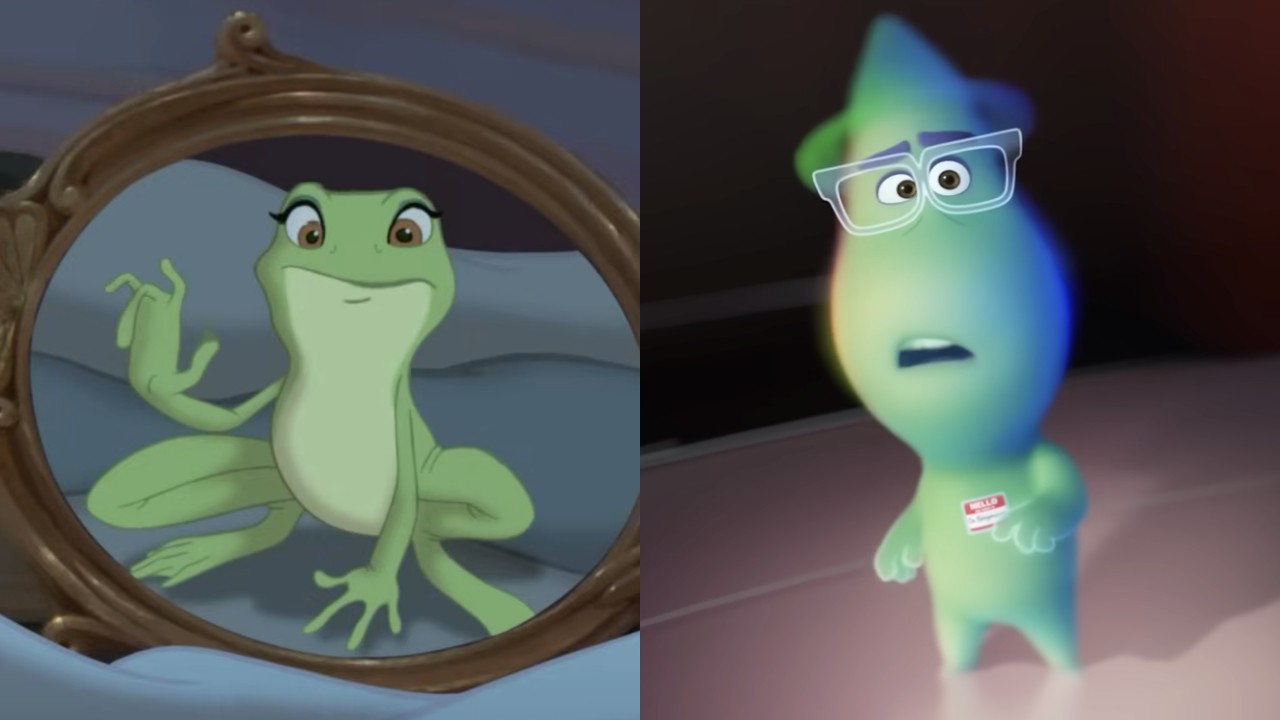 Tiana (Anika Noni Rose) sees herself as a frog in The Princess and the Frog, while Joe Gardner (Jamie Foxx) looks confused in Soul.