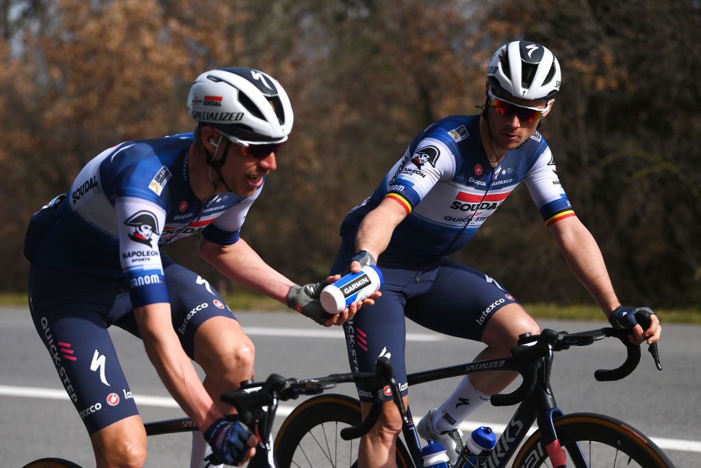 SAINTPAULTROISCHTEAUX FRANCE MARCH 09 LR Tim Declercq of Belgium and Yves Lampaert of Belgium and Team Soudal QuickStep competeduring the 81st Paris Nice 2023 Stage 5 a 2124km stage from SaintSymphoriensurCoise to SaintPaulTroisChteaux UCIWT ParisNice on March 09 2023 in SaintPaulTroisChteaux France Photo by Alex BroadwayGetty Images