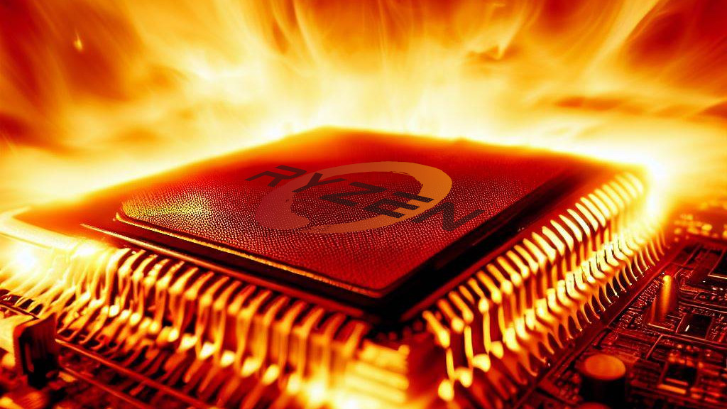 AMD Ryzen CPU on fire, dramatic image