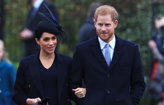 Meghan, Duchess of Sussex and Prince Harry, Duke of Sussex arrive to attend Christmas Day Church service at Church of St Mary Magdalene