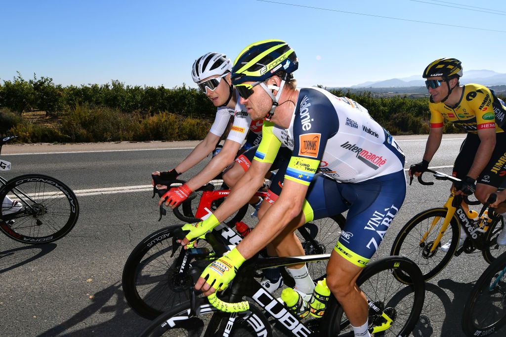 TORRALBA DEL PINAR SPAIN FEBRUARY 02 LR Markus Hoelgaard of Norway and Team Trek Segafredo and Alexander Kristoff of Norway and Team Intermarch Wanty Gobert Matriaux during the 73rd Volta A La Comunitat Valenciana 2022 Stage 1 a 1667km stage from Les Alqueries to Torralba Del Pinar 735m VCV2022 on February 02 2022 in Torralba Del Pinar Spain Photo by Dario BelingheriGetty Images
