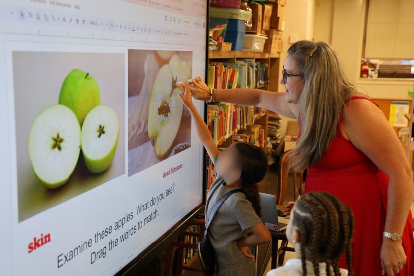 Teacher points to apple on LG CreateBoard