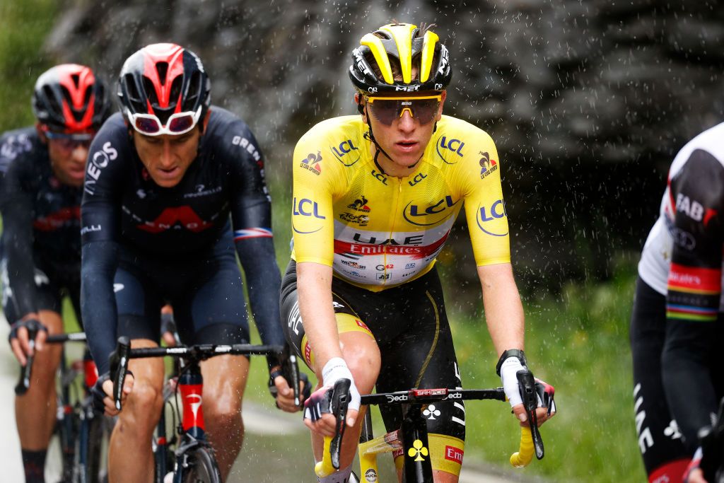 TIGNES FRANCE JULY 04 Tadej Pogacar of Slovenia and UAE Team Emirates yellow leader jersey during the 108th Tour de France 2021 Stage 9 a 1449km stage from Cluses to Tignes Monte de Tignes 2107m LeTour TDF2021 on July 04 2021 in Tignes France Photo by Chris GraythenGetty Images