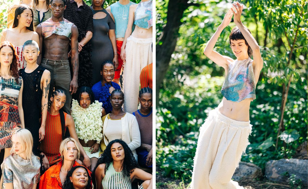 Left: group picture of the models for Eckhaus Latta S/S 2023; Right: Model on runway wearing Eckhaus Latta at New York Fashion Week S/S 2023