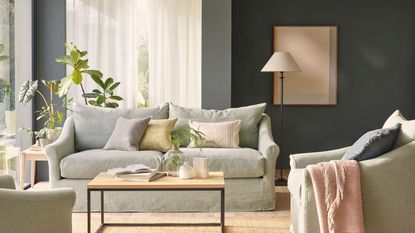 relaxed living area with blue wall, beige sofa and cushions and throws