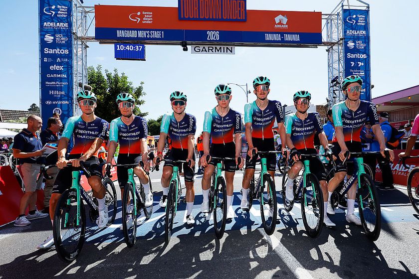 TANUNDA, AUSTRALIA - JANUARY 21: Tobias Lund Andresen of Denmark, Oscar Chamberlain of Australia, Pierre Gautherat of France, Tord Gudmestad of Norway, Antoine L&amp;apos;Hote of France, Nicolas Prodhomme of France, Callum Scotson of Australia and Decathlon CMA CGM Team prior to the 26th Santos Tour Down Under 2026, Stage 1 a 120.6km stage from Tanunda to Tanunda on January 21, 2026 in Tanunda, Australia. (Photo by Con Chronis/Getty Images)