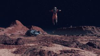 Still from the space game Starfield. An astronaut wearing a bright orange spaceship is bouncing very high on a red rocky planet. To the left there is a large gray spaceship. In the background there is a black starry night sky dotted with stars.