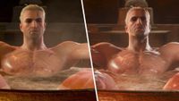 Split image of tub Geralt in his original and remastered forms.