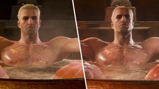 Split image of tub Geralt in his original and remastered forms.