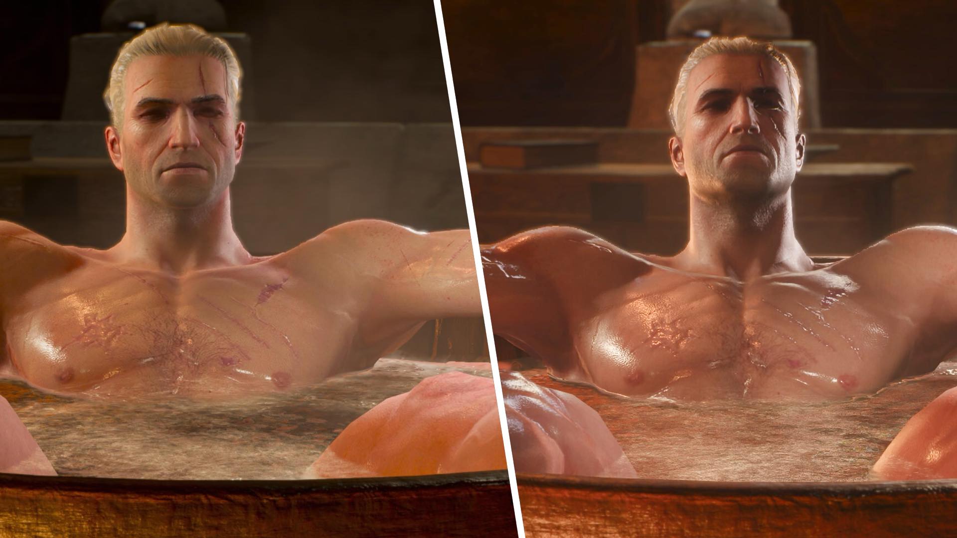 Split image of tub Geralt in his original and remastered forms.