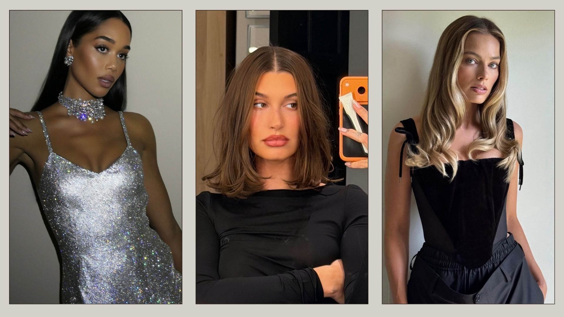 A collage with photos of Laura Harrier, Hailey Bieber and Margot Robbie
