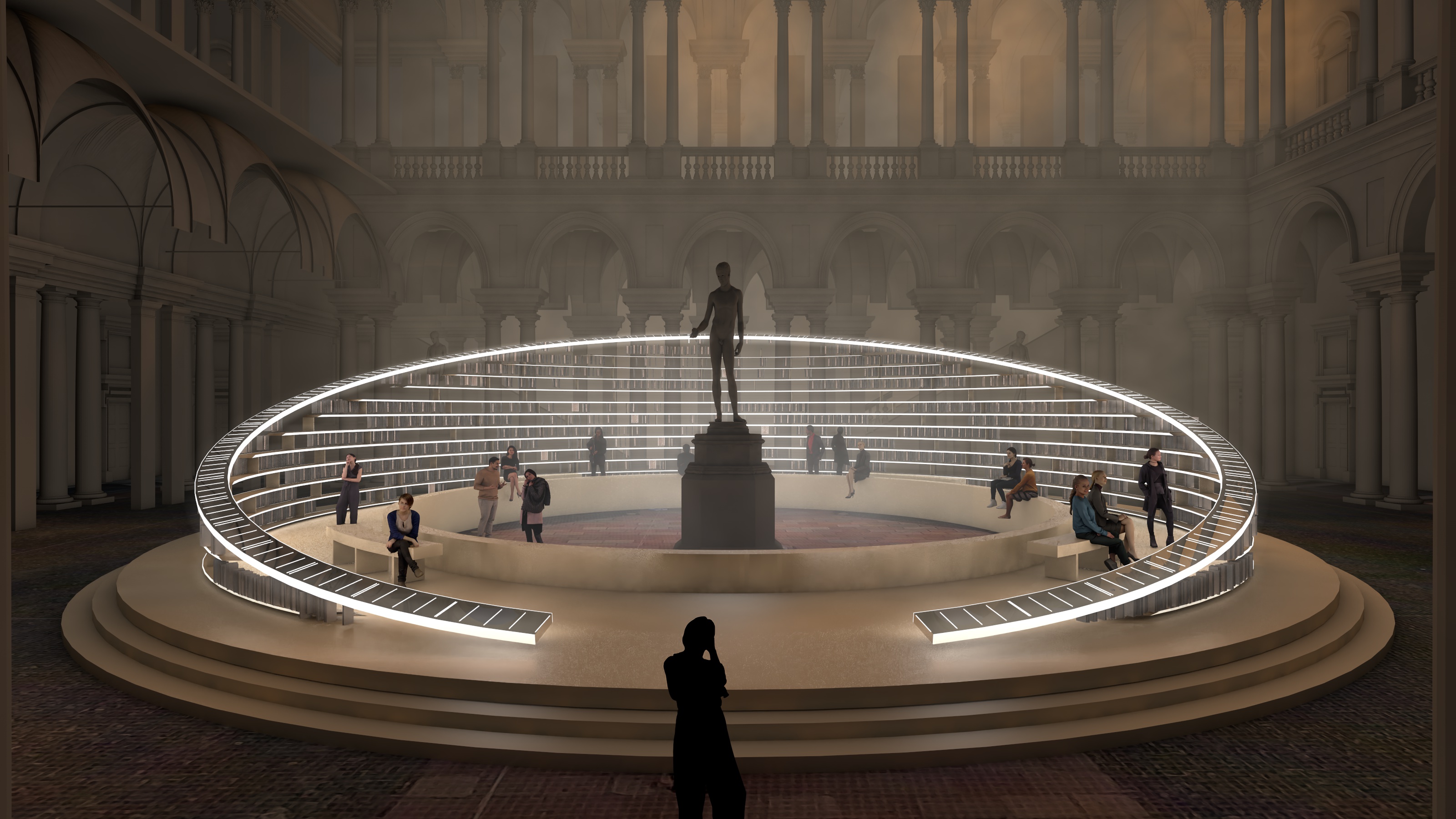Render of Es Devlin's Library of Light installation with circular lit shelving