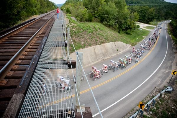 Descending under the train trestle.