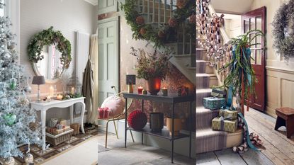 Three spaces with Christmas hallway ideas, on console tables and stairs