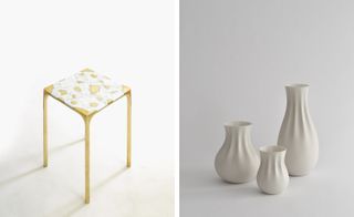 ceramics & a marble and bronze stool