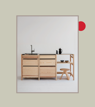 a wooden freestanding kitchen on a blank background