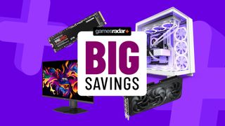 PC gaming accessories on a purple background with big savings badge