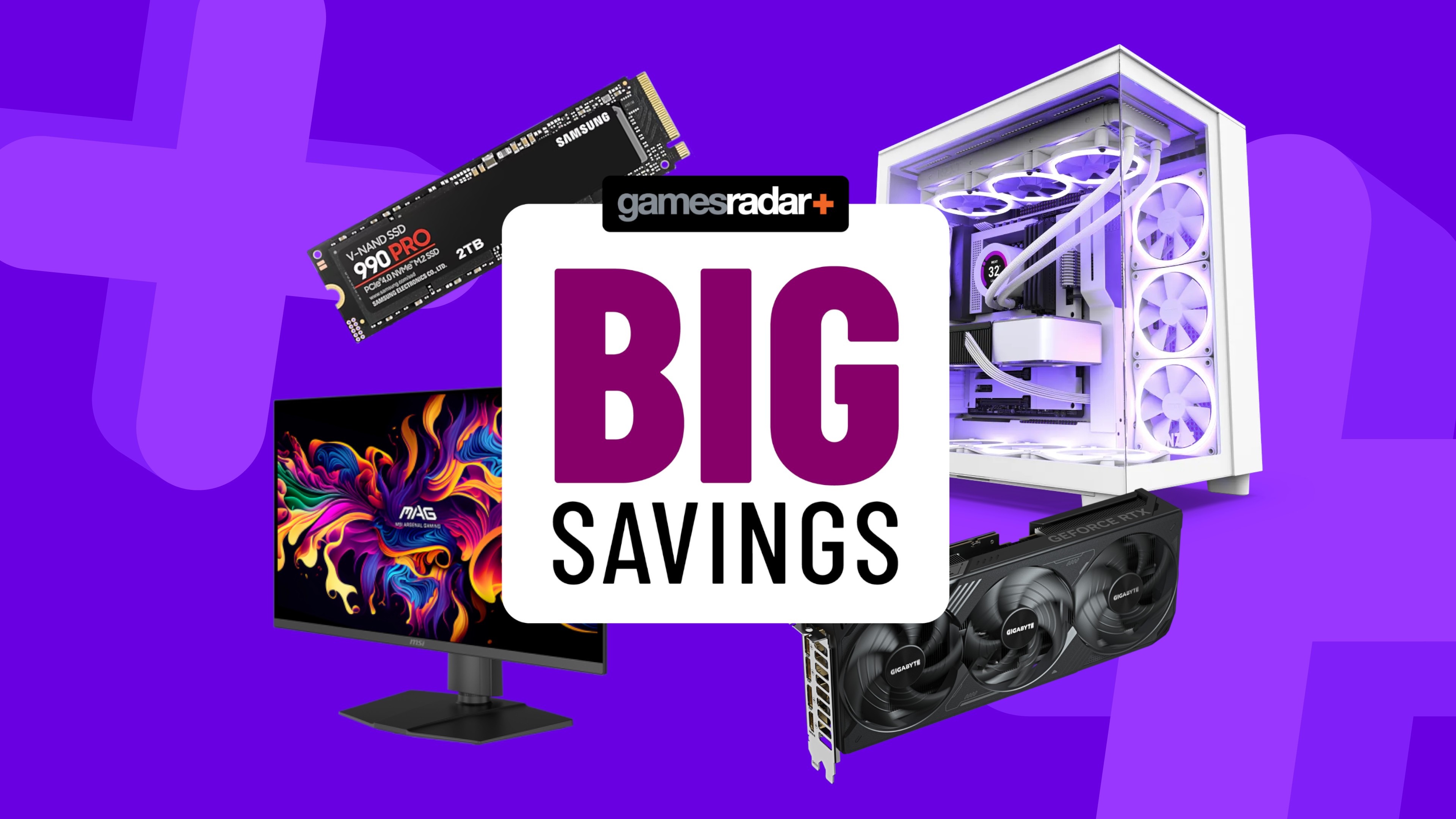 PC gaming accessories on a purple background with big savings badge