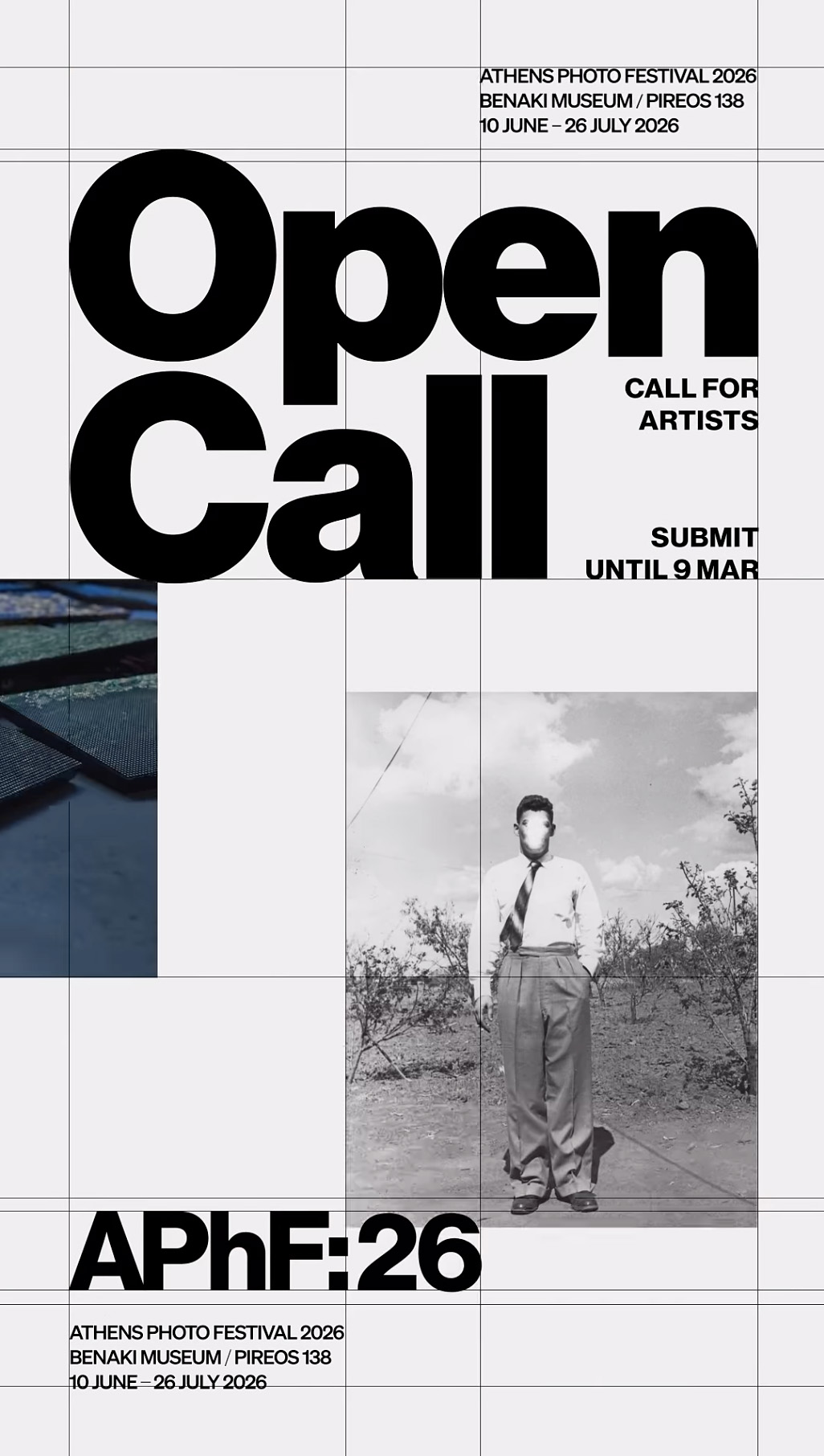 Graphic announcing an open call for artists for the Athens Photo Festival 2026 at the Benaki Museum, with submission details included