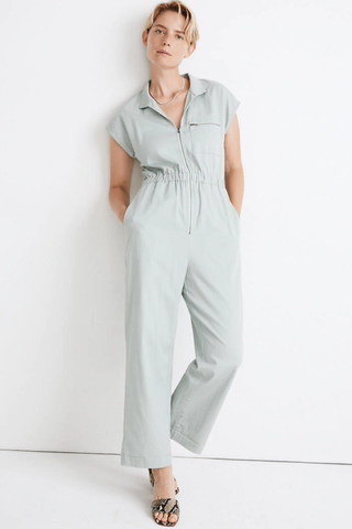 Short-Sleeve Zip-Pocket Coverall Jumpsuit
