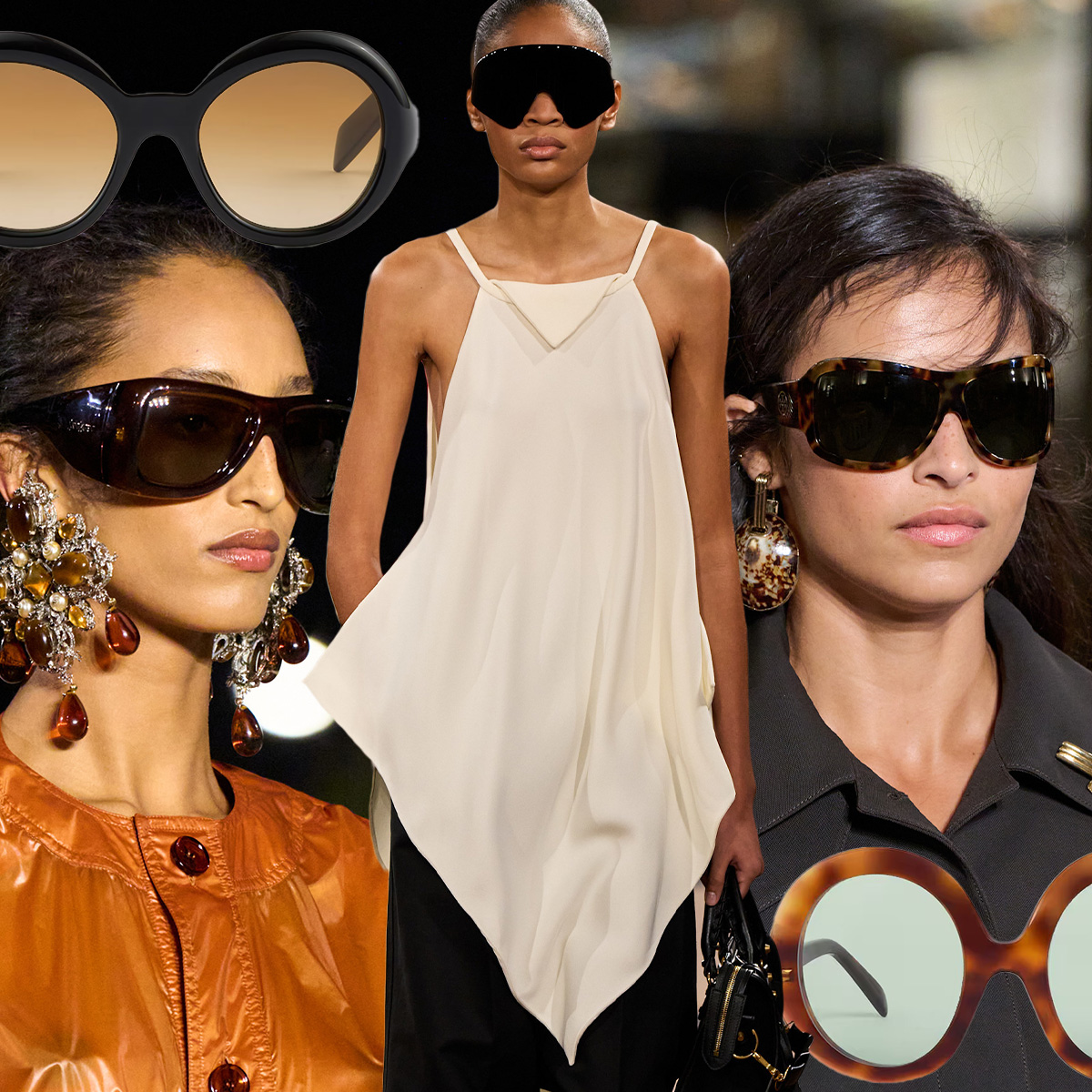 Photo collage of several designer luxury brands using bug-eye sunglasses on the runway.