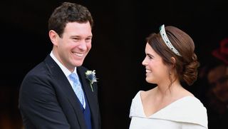 windsor, united kingdom october 12 embargoed for publication in uk newspapers until 24 hours after create date and time jack brooksbank and princess eugenie leave st georges chapel after their wedding ceremony on october 12, 2018 in windsor, england photo by poolmax mumbygetty images