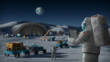 an astronaut in the foreground on the right looks at a clipboard checklist as her underlings in the background maneuver turquoise machinery to move supplies around the lunar surface. A starry sky and the Earth hang above a horizon that rolls over a moon hangar.