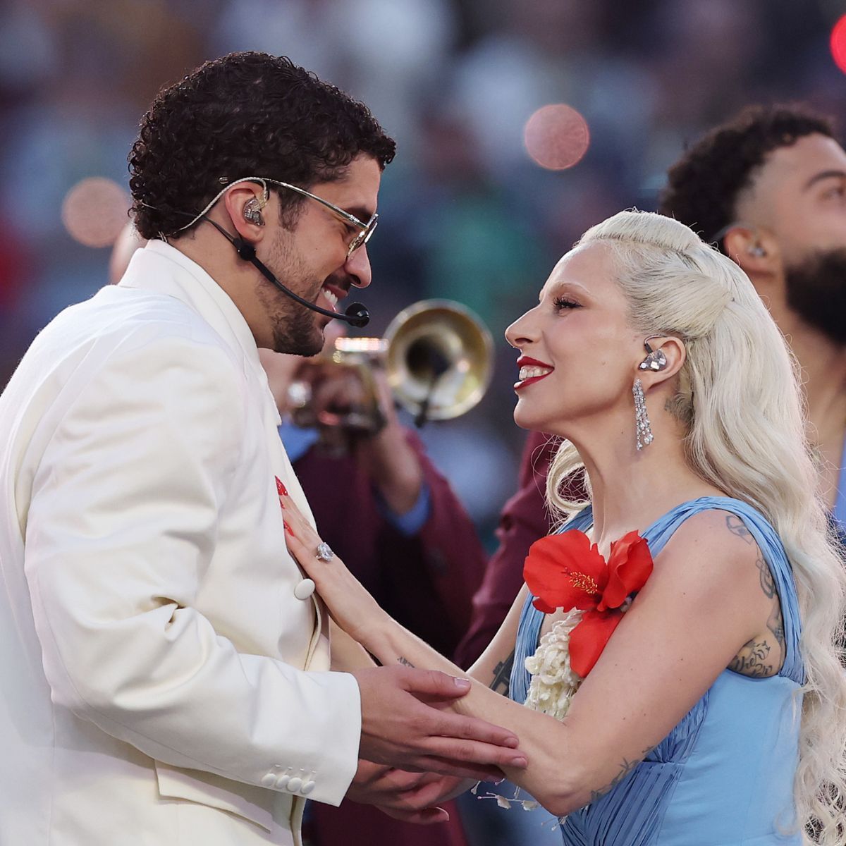 Bad Bunny and Lady Gaga perform onstage during the Apple Music Super Bowl LX Halftime Show at Levi's Stadium on February 08, 2026 in Santa Clara, California. 