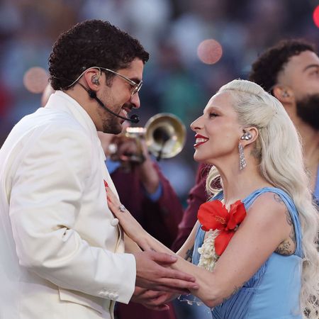 Bad Bunny and Lady Gaga perform onstage during the Apple Music Super Bowl LX Halftime Show at Levi's Stadium on February 08, 2026 in Santa Clara, California. 