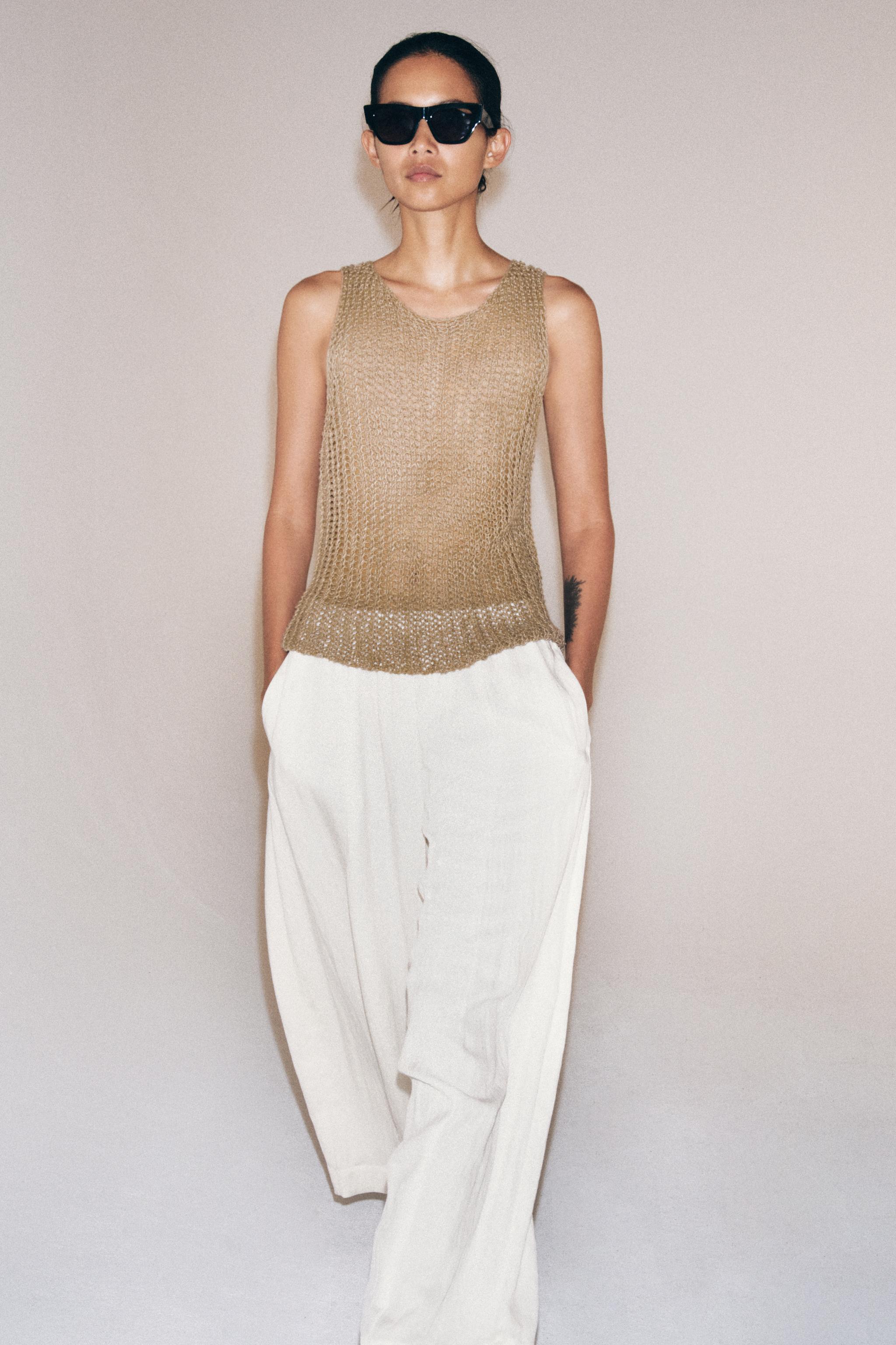 ZARA 100% Linen Open-Knit Top