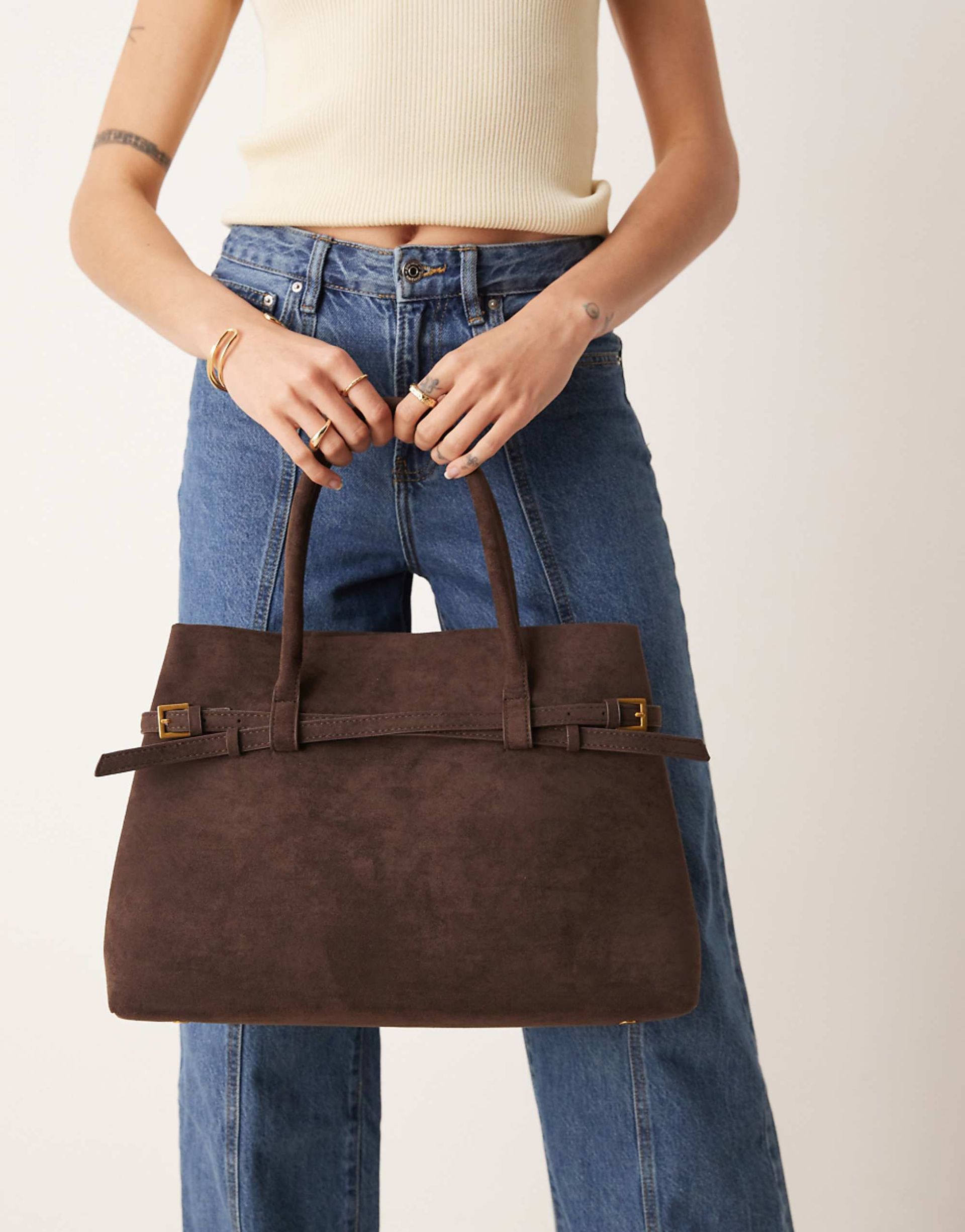 Gina Tricot Faux Suede Classic Tote Bag in Dark Brown