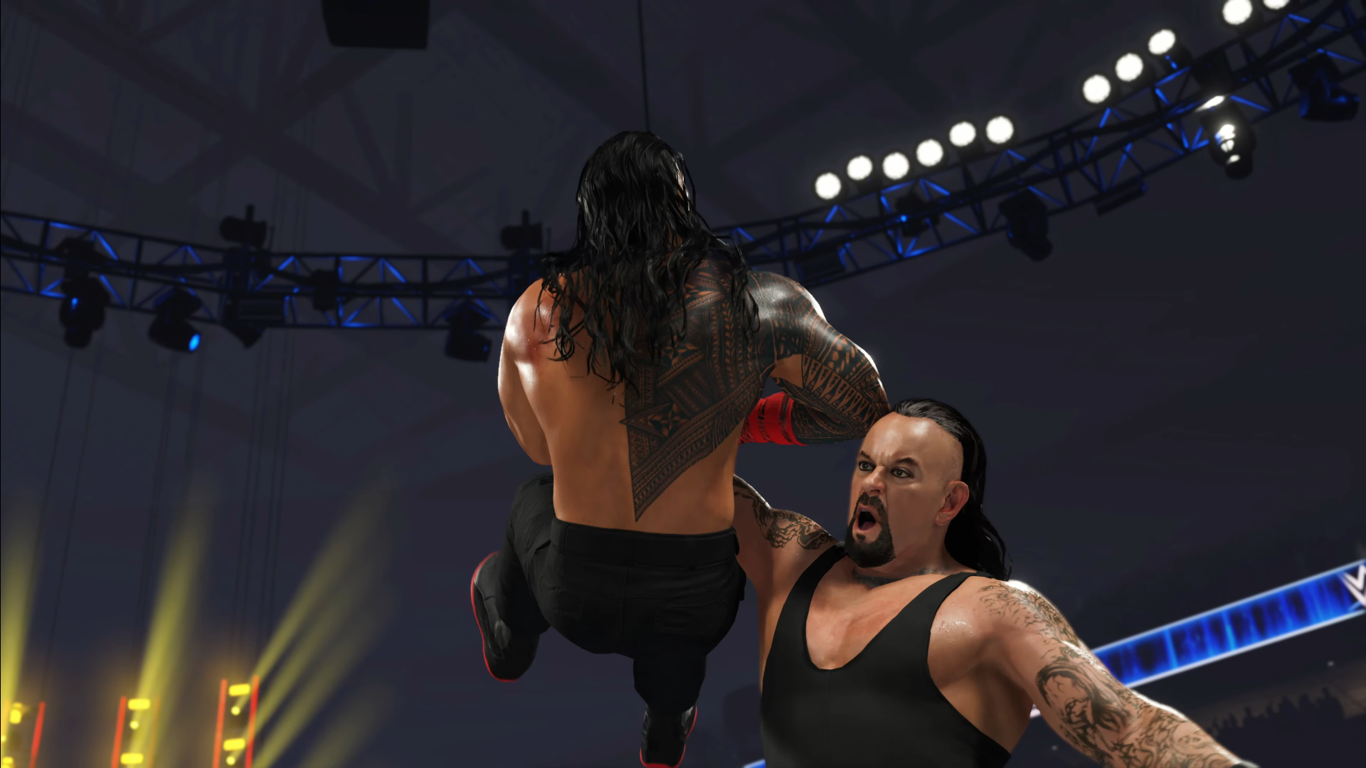 Promotional screenshot of The Undertaker chokeslaming Roman Reigns in WWE 2K25