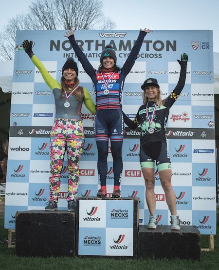 The podium after day 2 of the 2018 NohoCX (l to r): Rebecca Fahringer, winner Courtenay McFadden and Caroline Nolan
