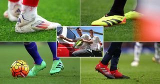 four pairs of laceless Adidas football boots with a picture of Mesut Ozil and Thomas Muller in the center each holding a pair before getting on a helicopter