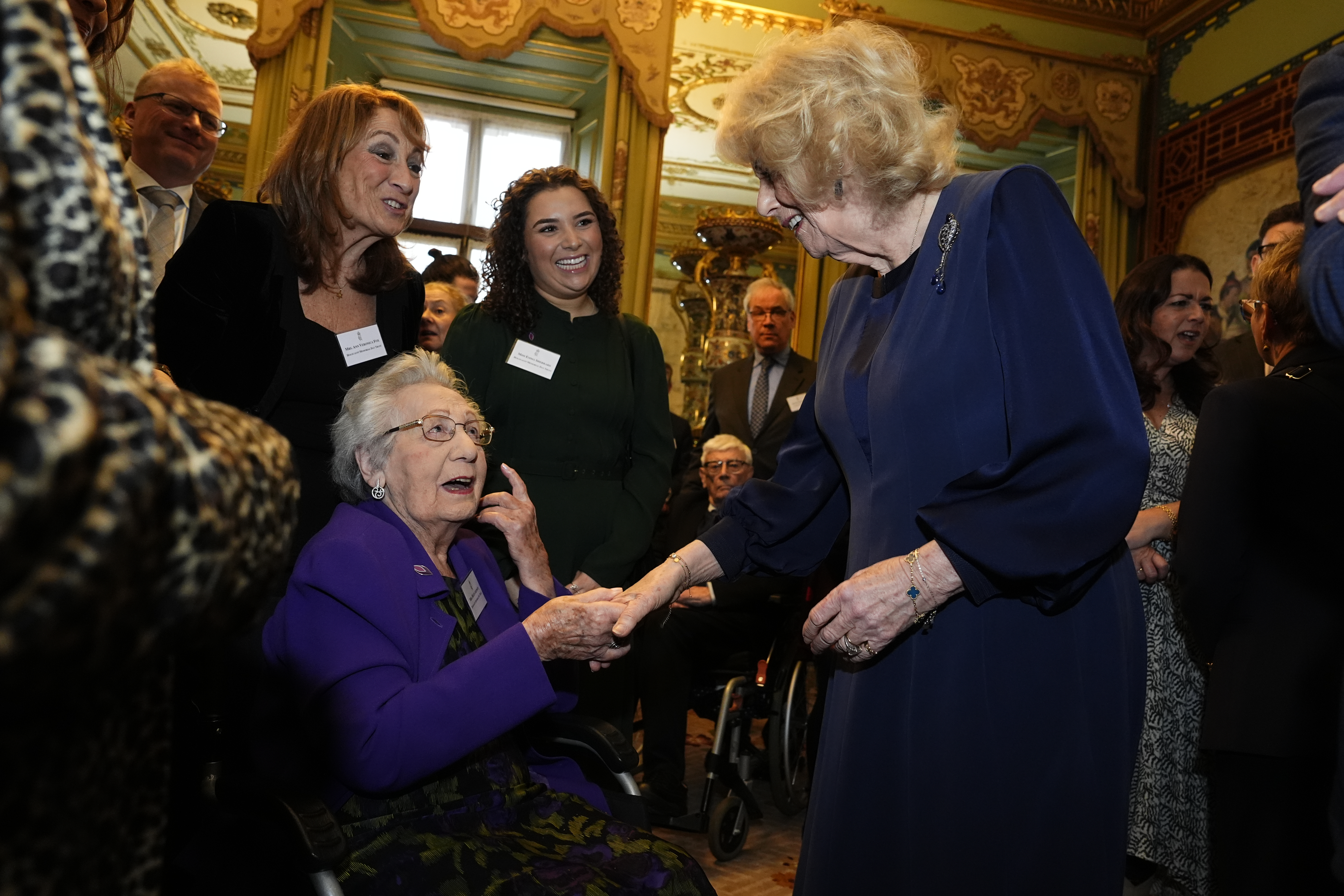 Queen Camilla shaking hands with a woman in a wheelchair