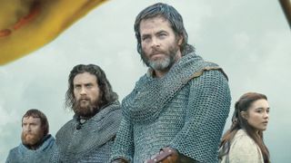 Chris Pine as Robert Bruce, Earl of Carrick in Outlaw King.