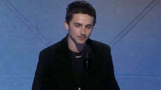 Timothėe Chalamet accepting 2026 Golden Globe for Marty Supreme