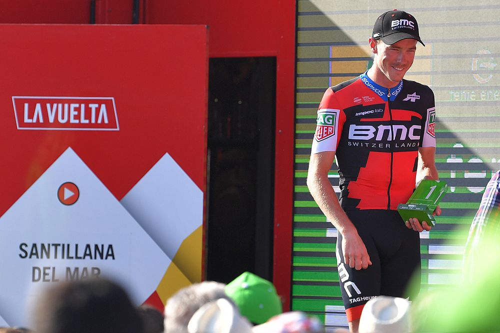 Rohan Dennis (BMC) steps onto the podium after winning stage 16 time trial at the Vuelta a Espana
