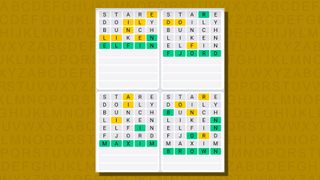 Quordle daily sequence answers for game 726 on a yellow background
