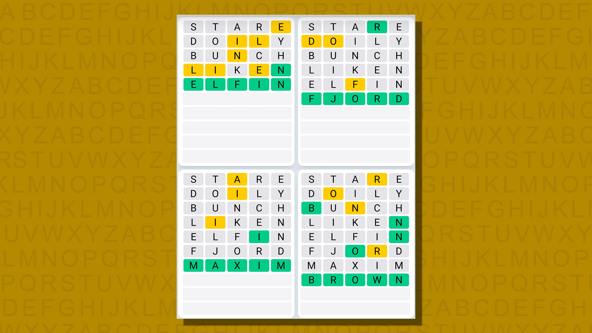 Quordle daily sequence answers for game 726 on a yellow background