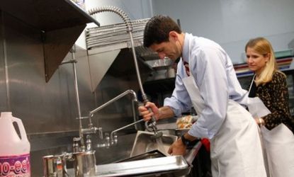 Today's burning political question: Are the dishes being washed by Paul Ryan and his wife Janna at this Ohio soup kitchen clean or dirty?