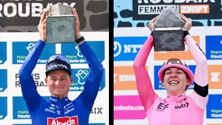 Mathieu van der Poel (Alpecin-Deceuninck) and Alison Jackson (EF Education-Tibco-SVB) celebrate their wins at 2023 Paris-Roubaix and Paris-Roubaix Femmes
