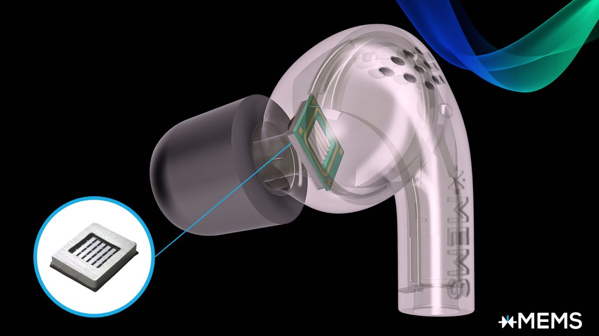 Illustration of a transparent earphone with the new audio chip inside.