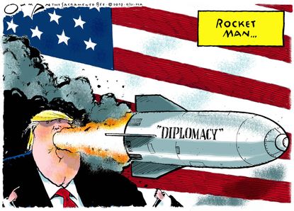 Political cartoon U.S. Trump UN speech rocket man