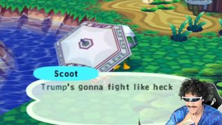 An Animal Crossing villager talking about Donald Trump with YouTuber joshycodes' face cam in the corner.