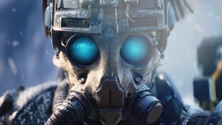 Arc Raiders player in skull helmet with blue lens eyes