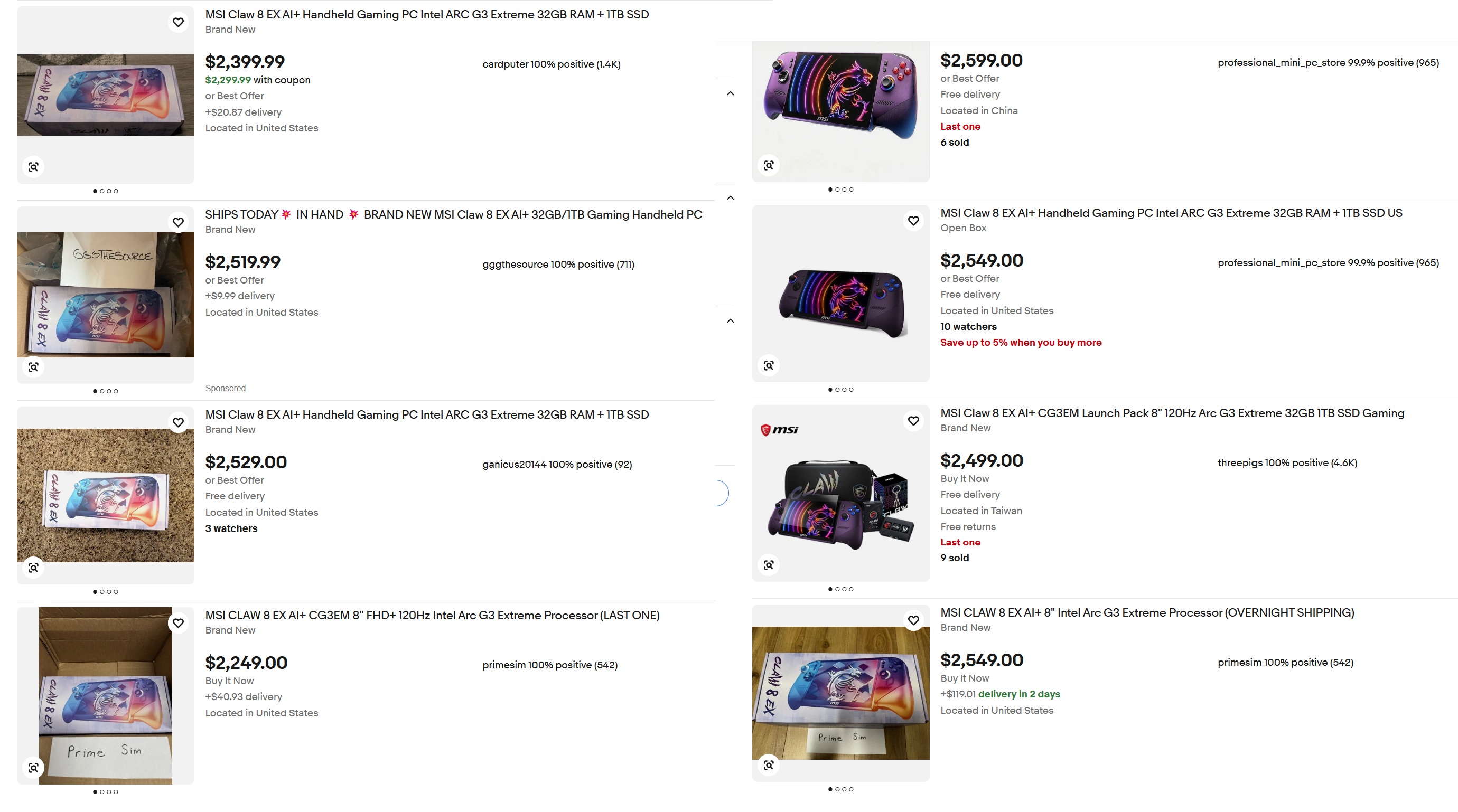 Listings on eBay for auctions of the MSI Claw 8 AI EX+ handheld gaming PC.