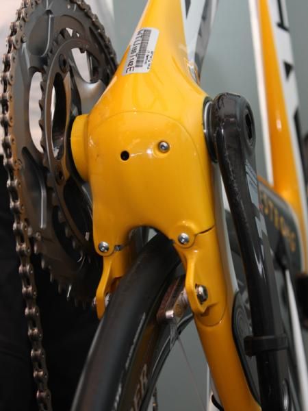 The rear brake is built right into the chain stays and the guts are tucked cleanly away behind an access plate.