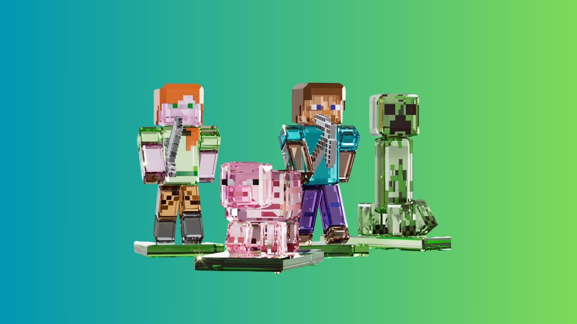 The four new Swarovski Minecraft statues on a gradient green background 